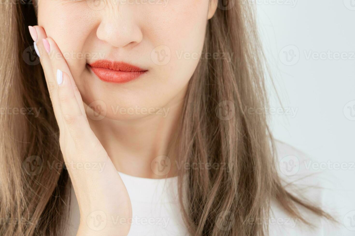 Asian woman feel toothache from gingivitis, female suffer tooth, decay problems, dental care. sensitive tooth, decay problem, bad breath, Gingival Recession, Oral Hygiene instruction, tooth extraction photo