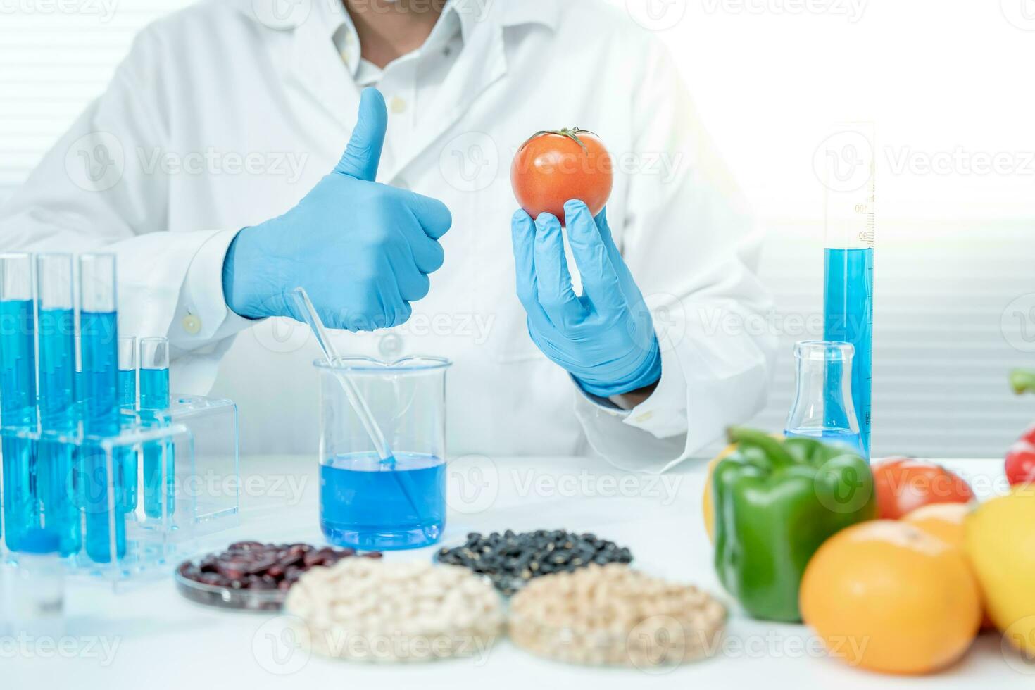 Scientist guaranteer no chemical on fruit residues in laboratory. Control experts inspect the concentration of chemical residues, standard, find prohibited substances, contaminate, Microbiologist photo