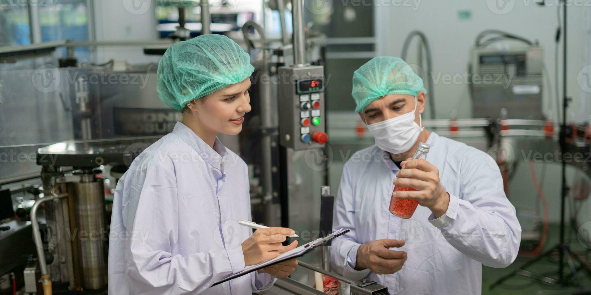 quality supervisor food or beverages technician inspection about quality control food or beverages before send product to the customer. Production leader recheck ingredient and productivity. photo