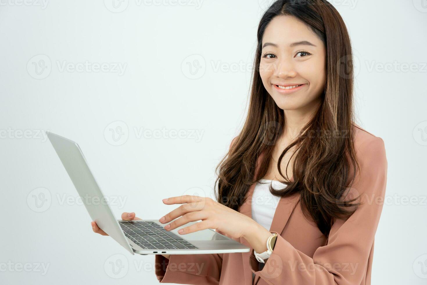 working woman, Portrait of smiling Asia girl in work clothes using laptop, sit at office and doing research, copy space, happy cheerful cute business, positive energy, Business plan, female executive photo