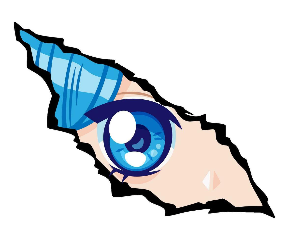 manga niña con azul pelo y azul ojos mirando desde un papel lágrima. vector