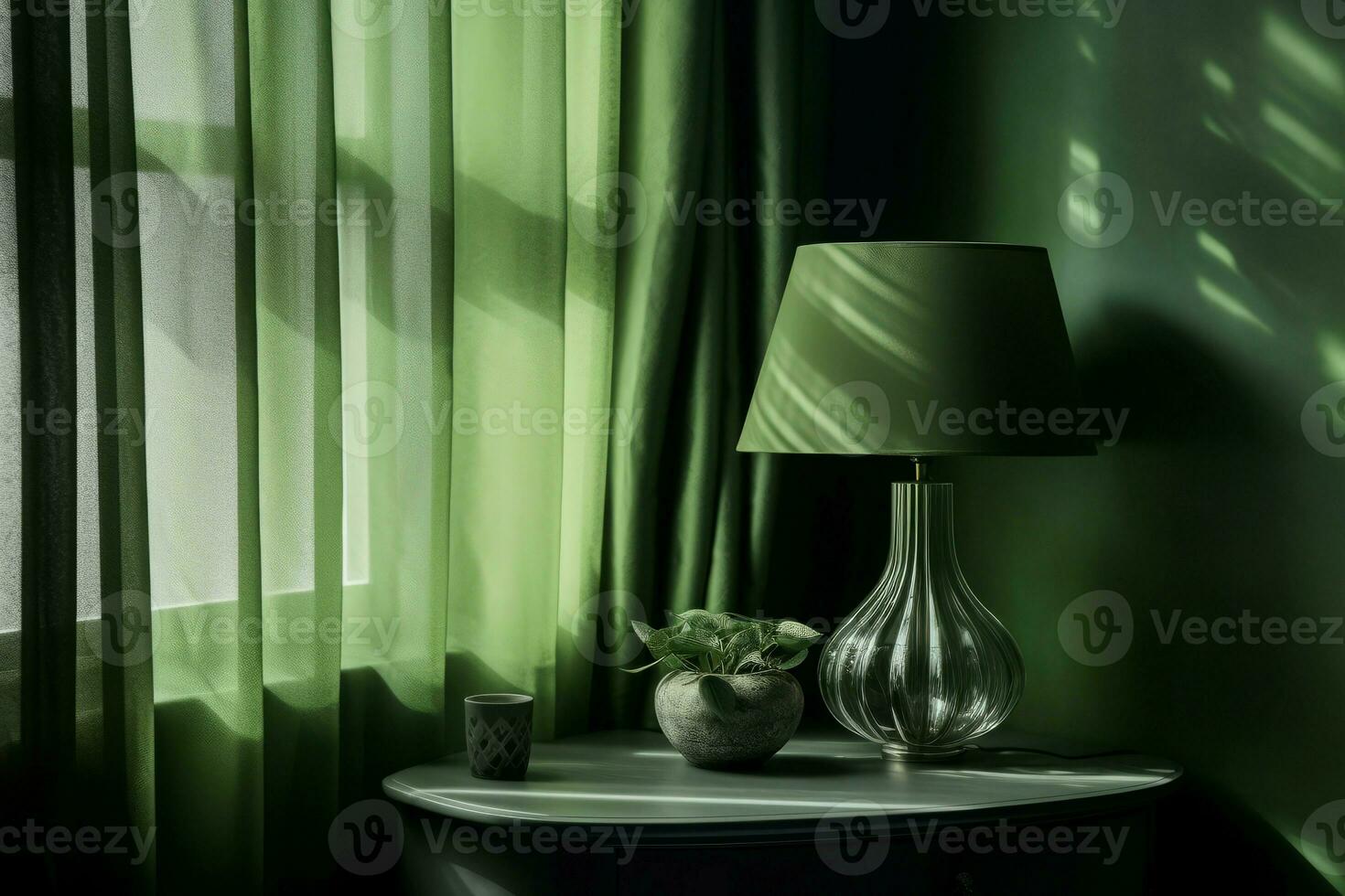 verde interior lámpara cortina. generar ai foto