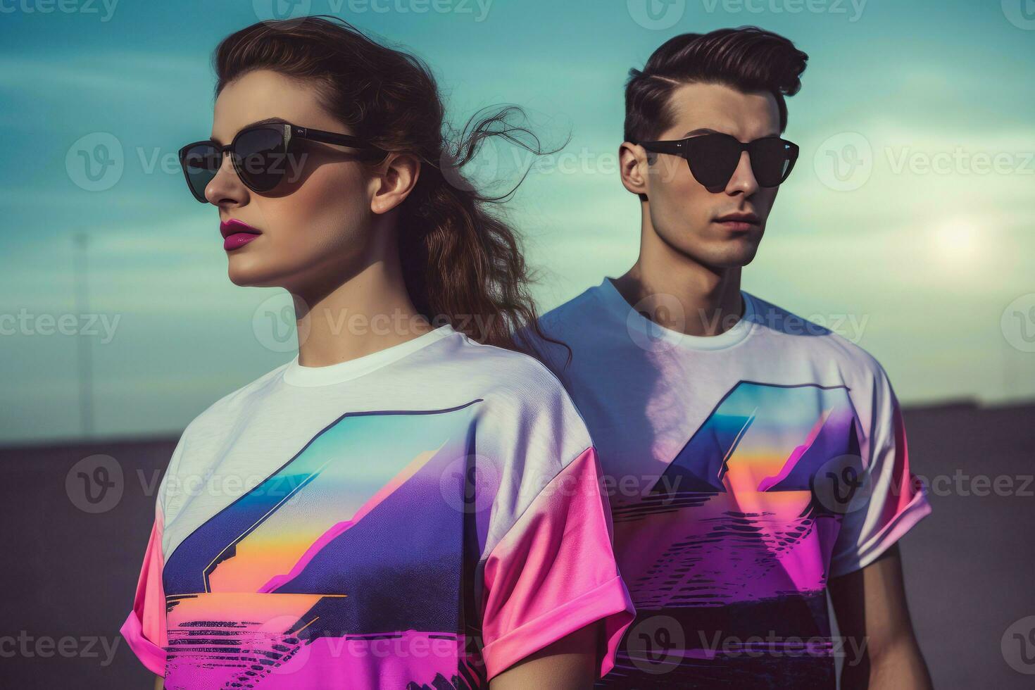 Retrowave fashion clothing of couple. Generate Ai photo