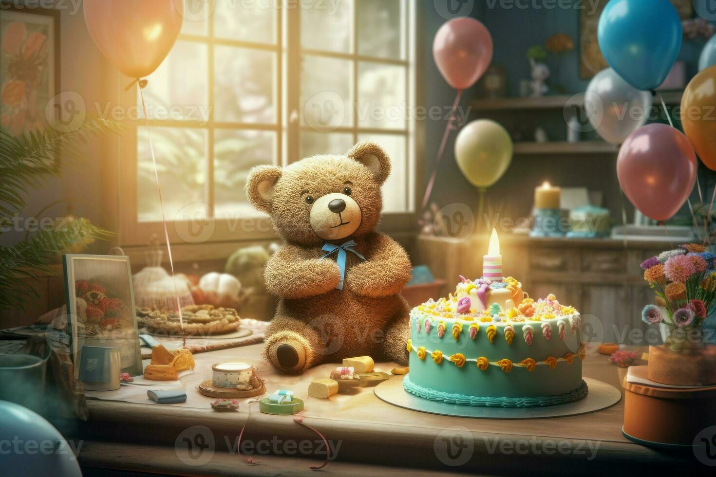 Birthday teddy bear. Generate Ai photo