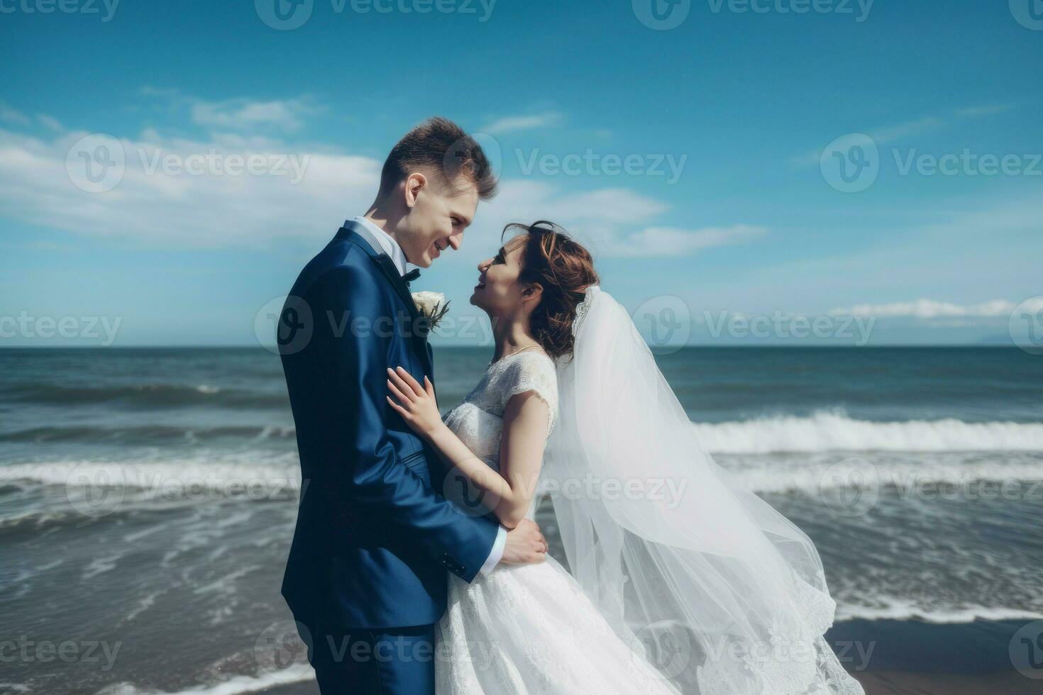 Bride groom sea wedding. Generate Ai photo