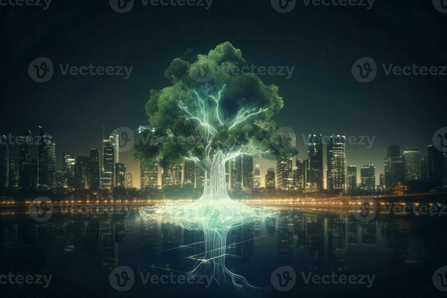 Digital tree glowing. Generate Ai photo