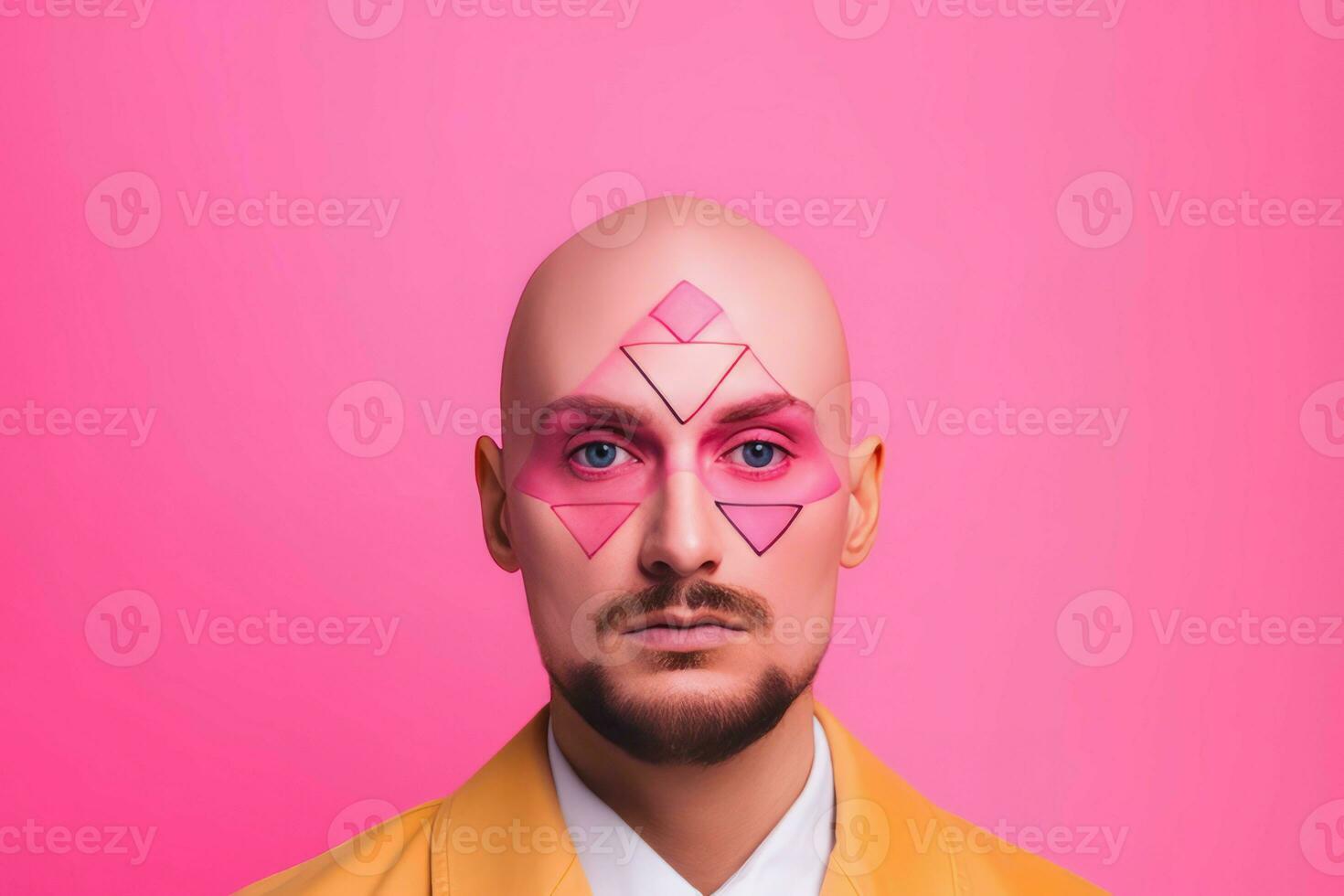 Bald man pink makeup triangular. Generate Ai photo