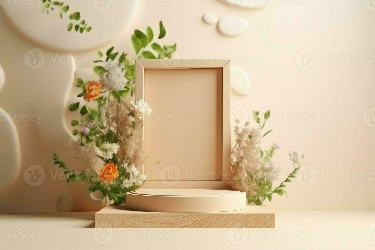 Natural product presentation podium with flowers. Generate Ai photo