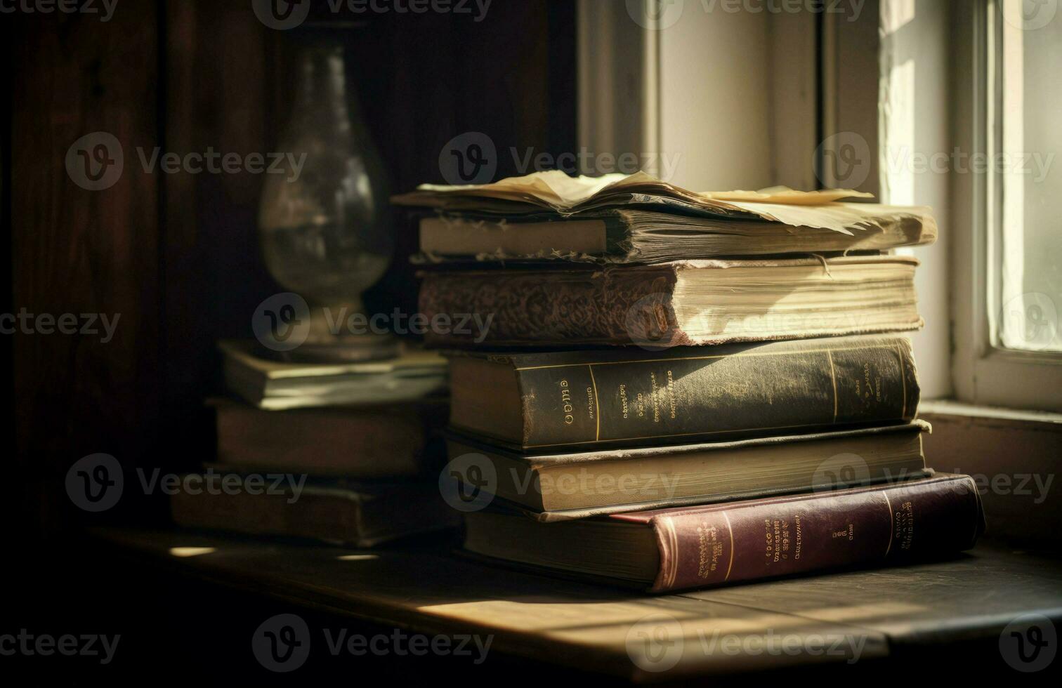 Old books stack at table. Generate Ai photo