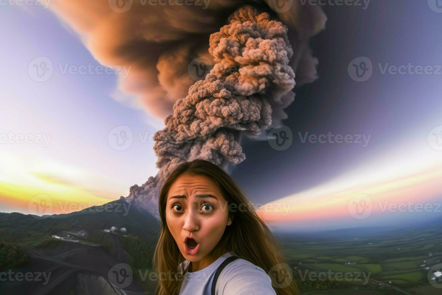 Selfie girl volcano. Generate Ai photo