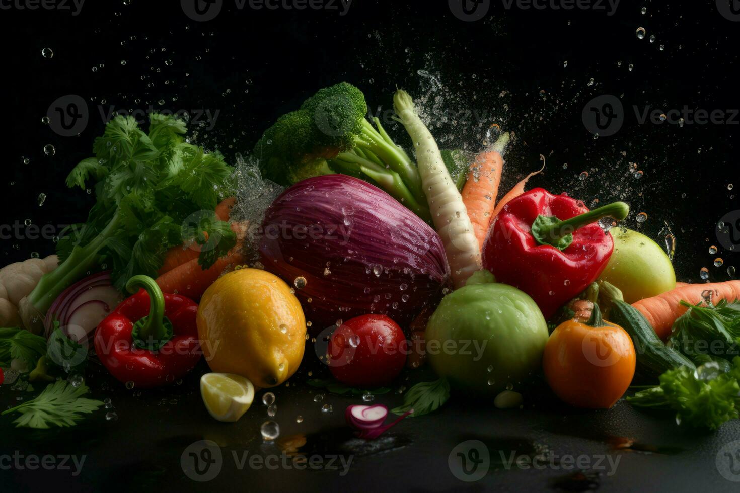 Vegetables water splash background. Generate Ai photo