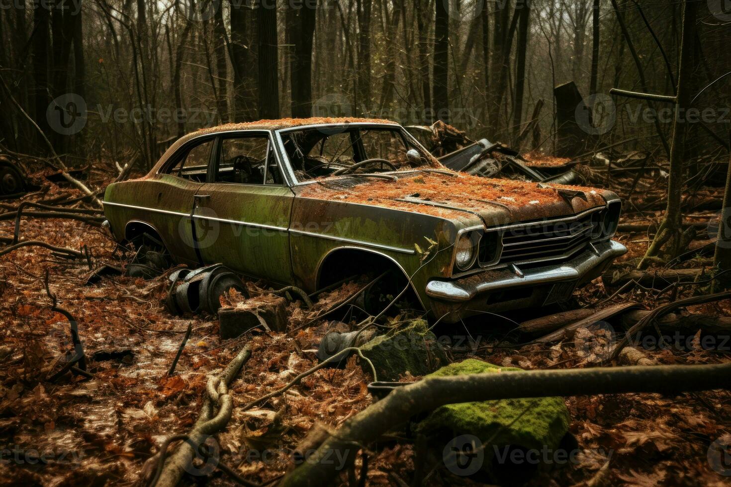 Retro car in an abandoned town. Generate Ai photo
