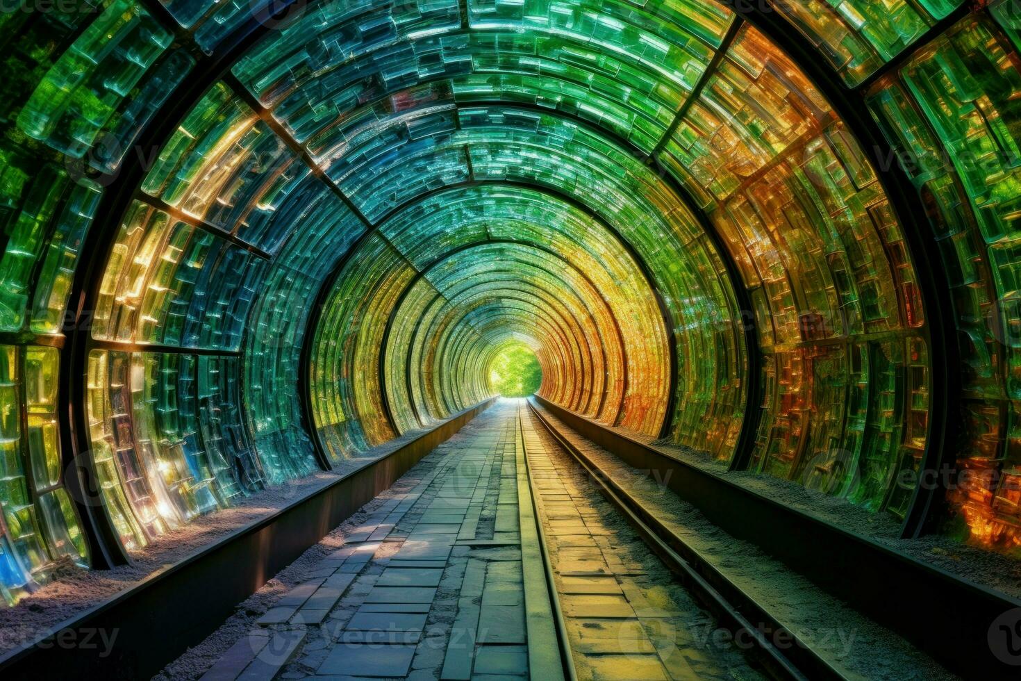 Expansive Glass railway tunnel. Generate Ai photo
