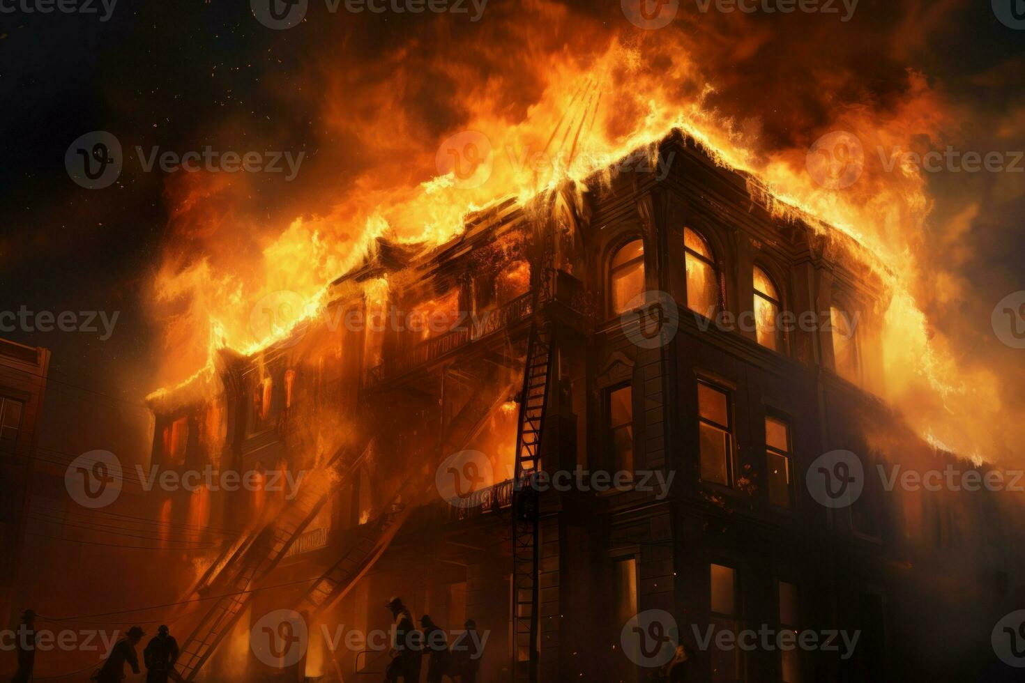 Fierce Building fire closeup. Generate Ai photo