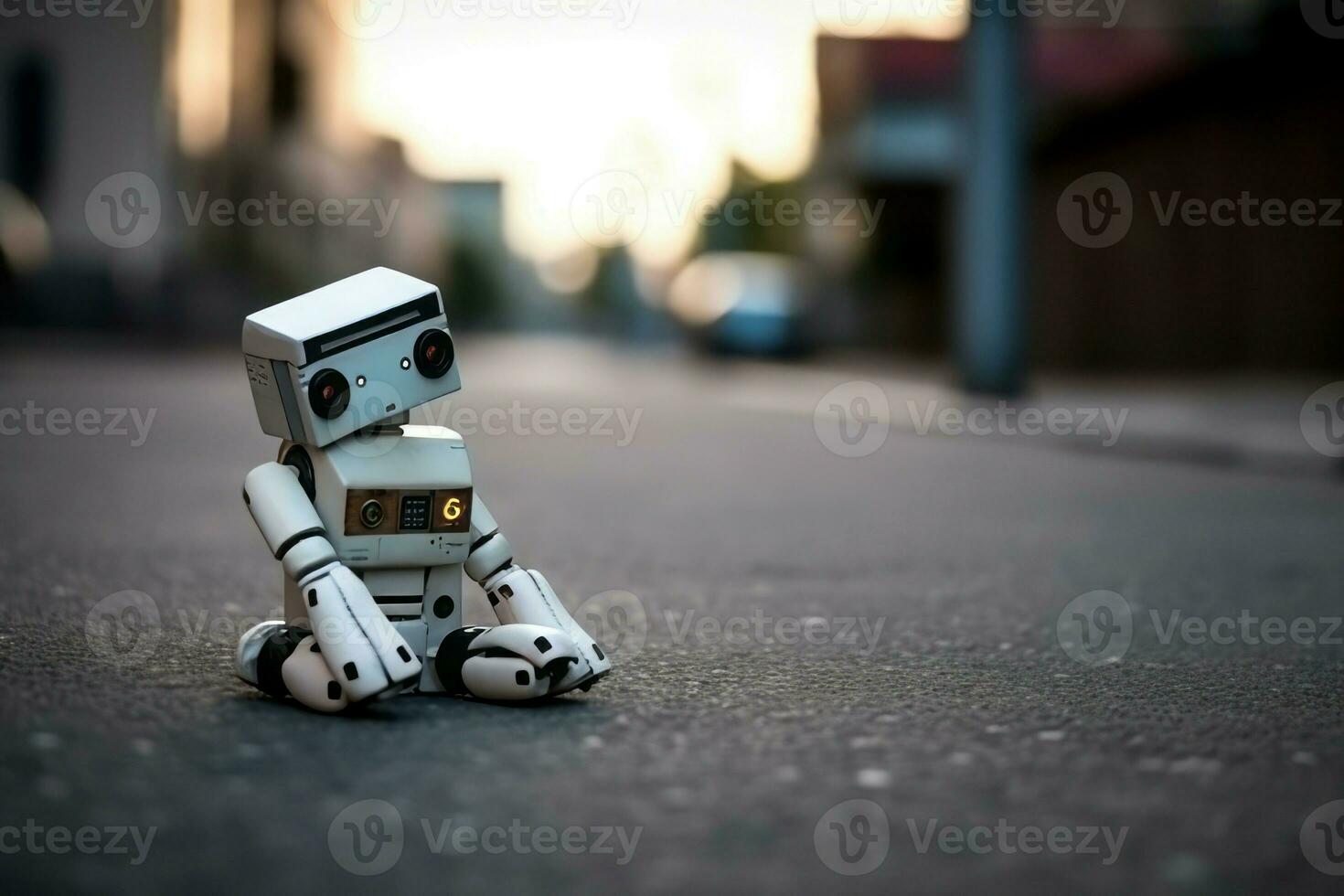 Robot character on street city. Generate Ai photo