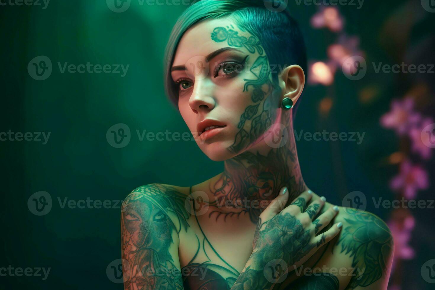 Girl green dress tattoos. Generate Ai photo