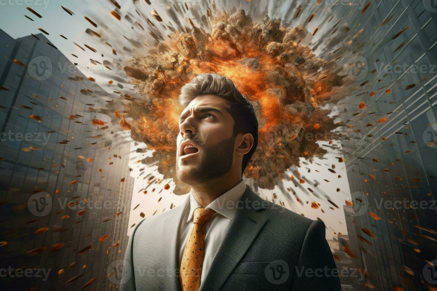 Head businessman explosion chaos. Generate Ai photo