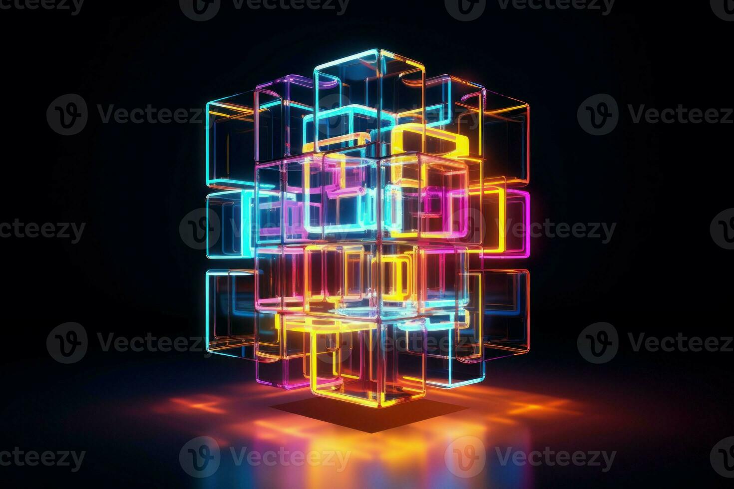 Futuristic abstract neon cube. Generate Ai photo