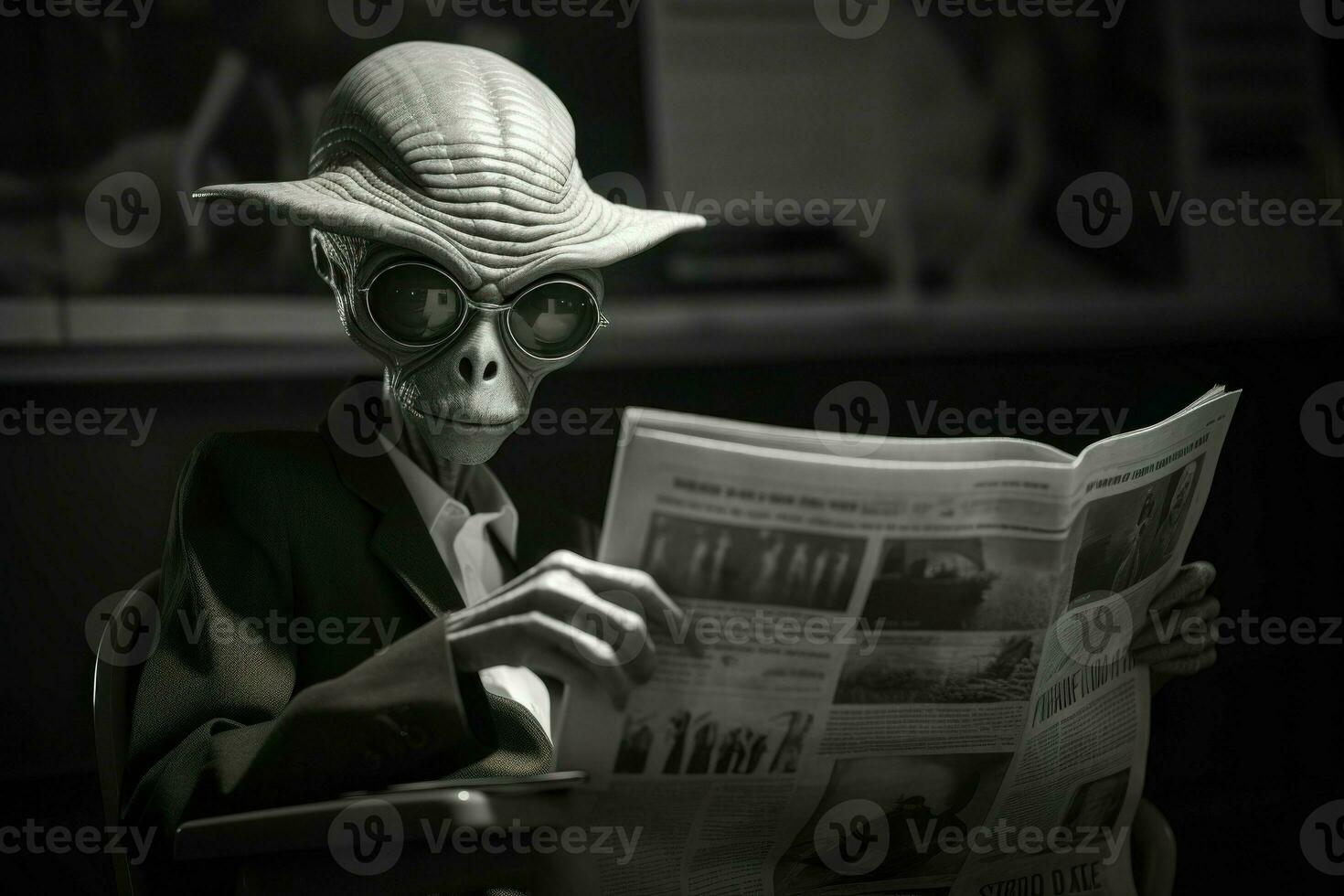 Surreal alien read newspaper. Generate Ai photo