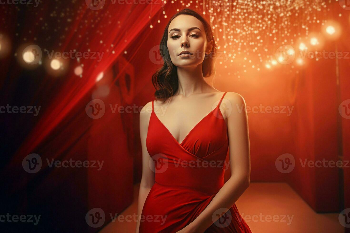 Brunette model red dress. Generate Ai photo