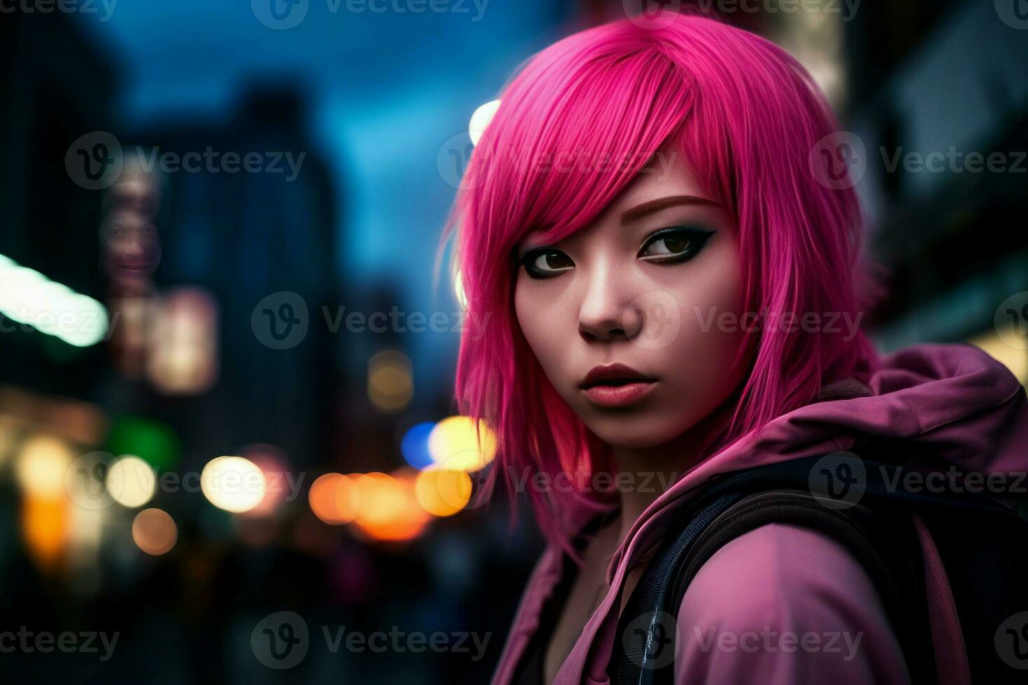 Asian pink anime girl. Generate Ai photo