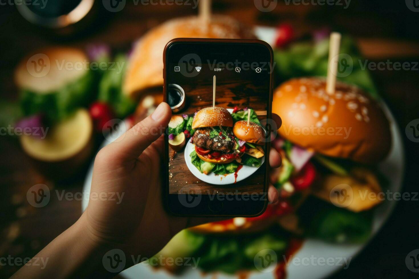 Meticulous Person taking photo tasty food. Generate Ai