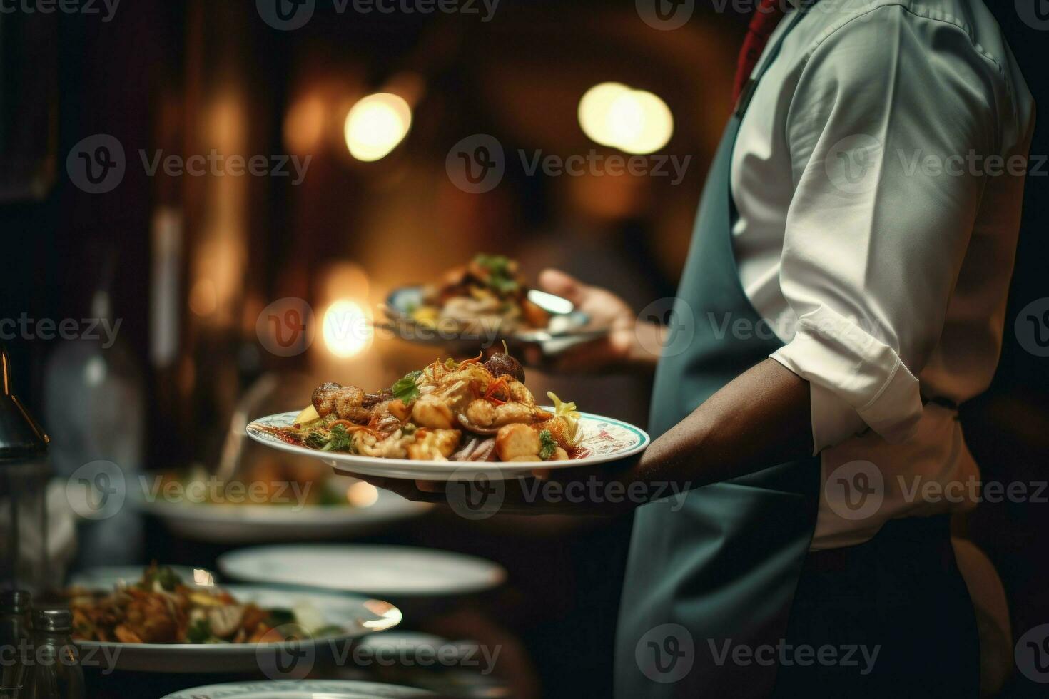 Professional Waiter hands pick restaurant food. Generate Ai photo