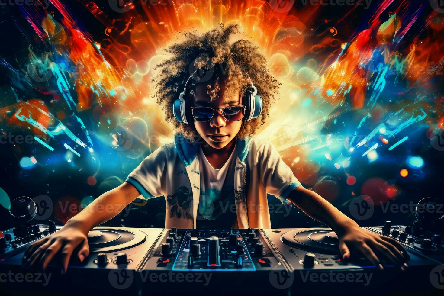 Lively Dj child boy dancing people club. Generate Ai photo