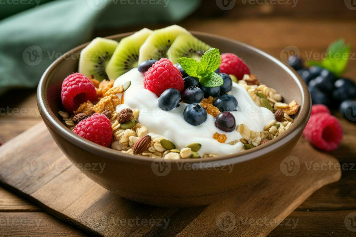 Crunchy Yogurt granola bowl. Generate Ai photo