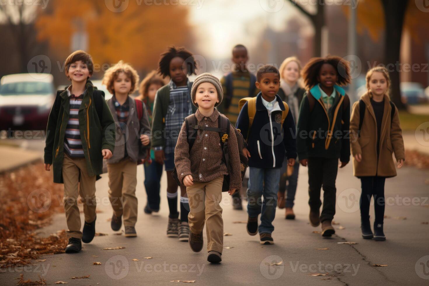 Small Elementary students walking school. Generate Ai photo