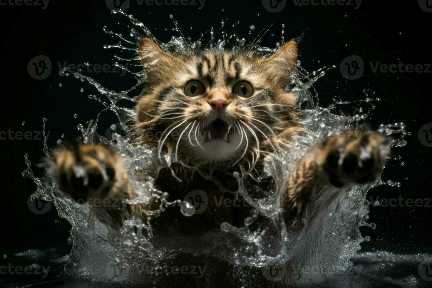 Chaos-causing Cat splashing water run. Generate Ai photo