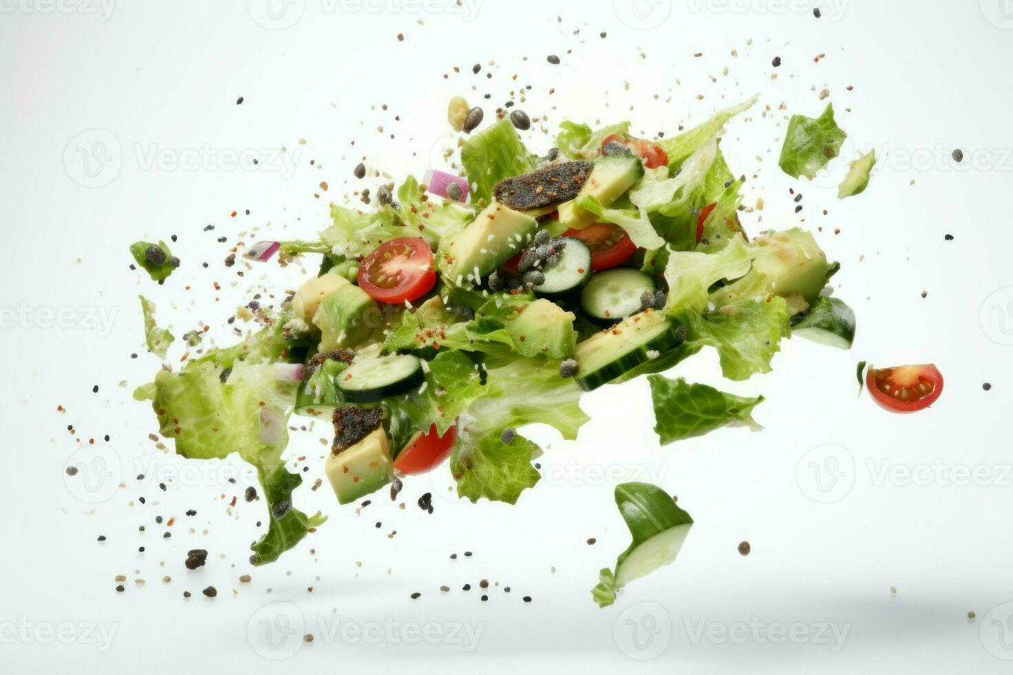 Crunchy Caesar salad falling. Generate Ai photo