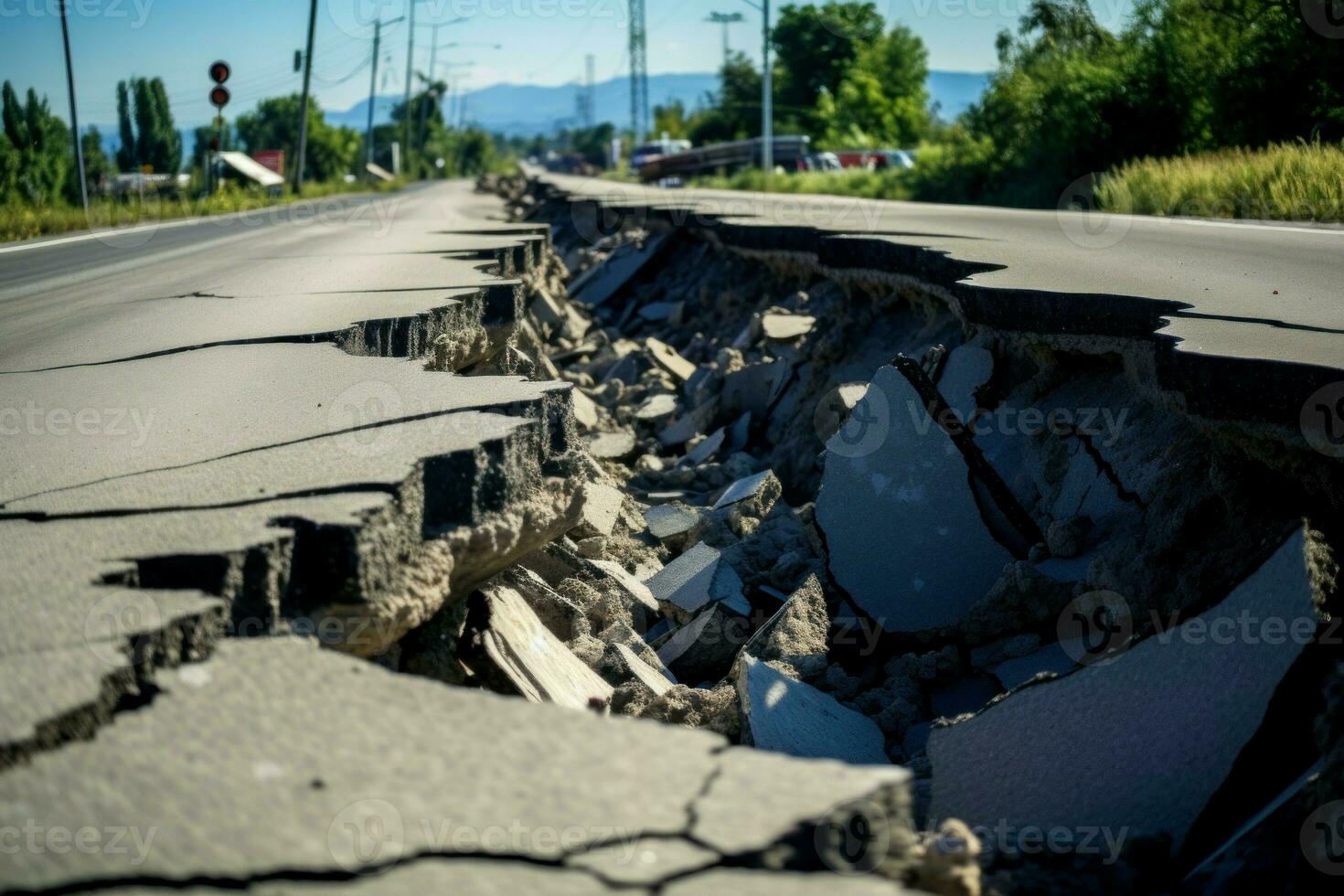 traicionero grietas la carretera después terremoto. generar ai foto