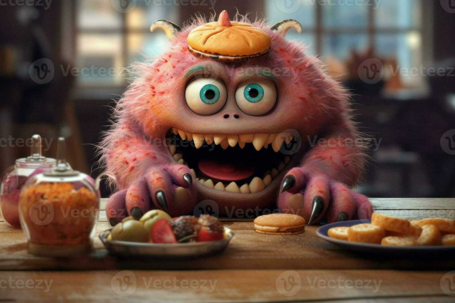 Adorable Cute monster eating. Generate Ai photo