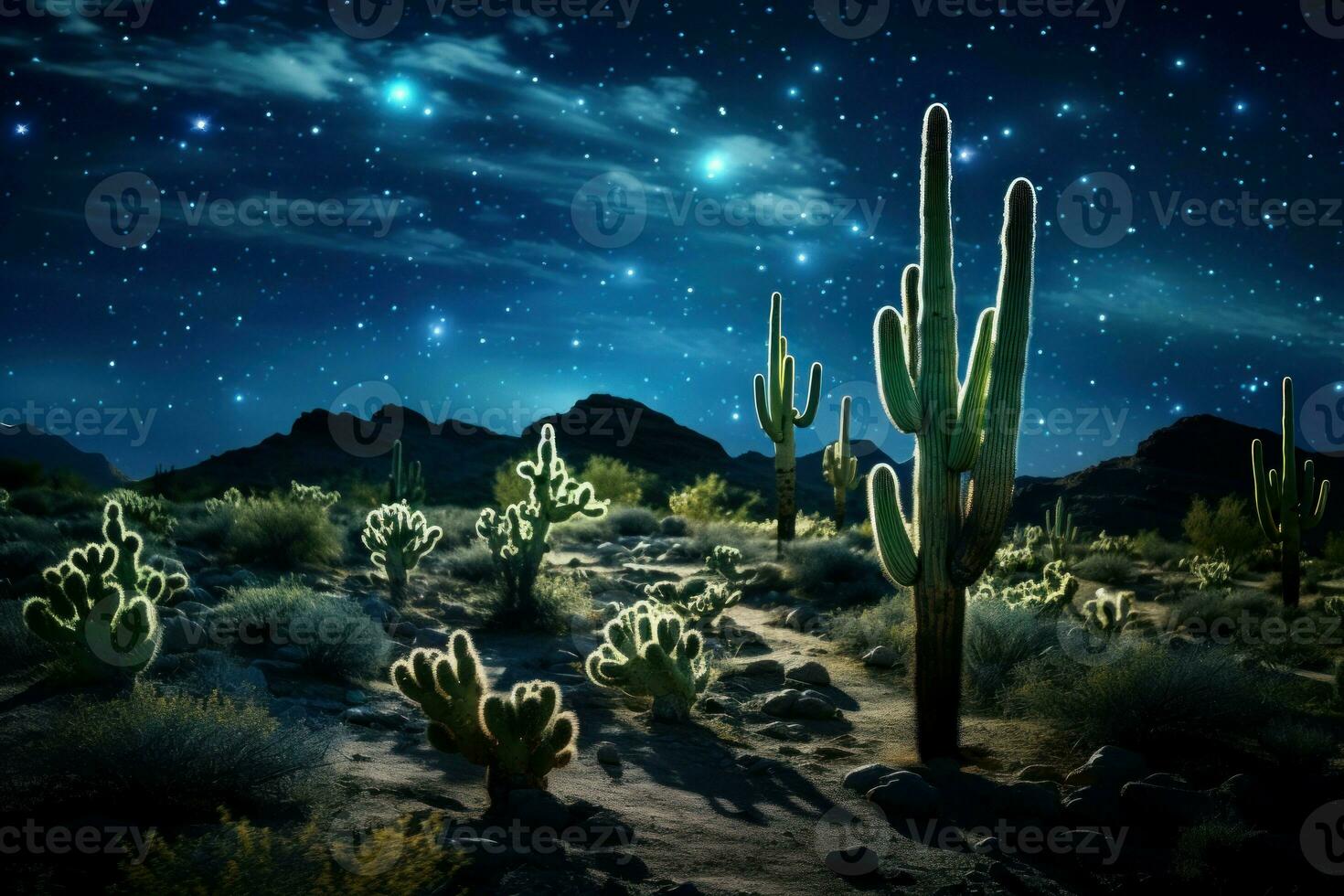 Eerie Desert cactus night. Generate Ai photo