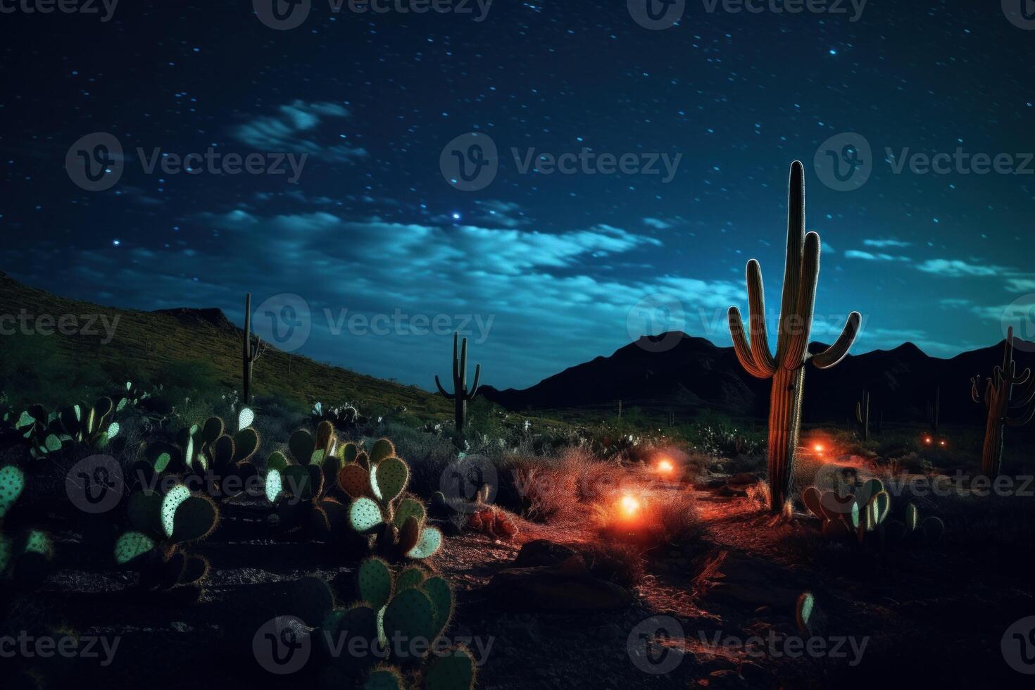 Silent Desert cactus night. Generate Ai photo
