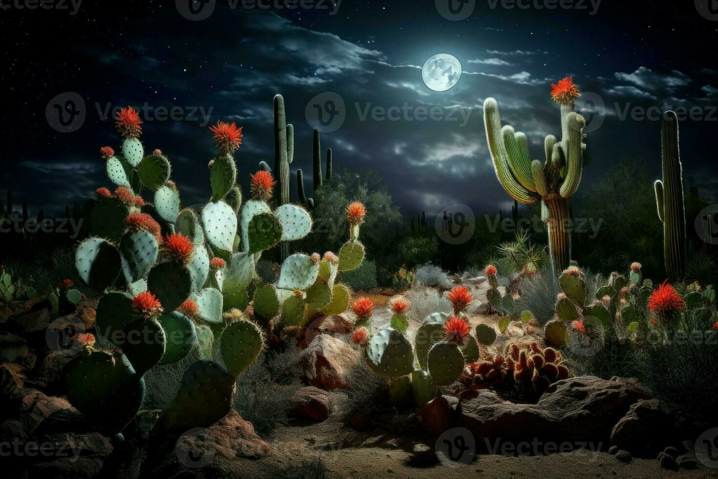 Vast Desert cactus night. Generate Ai photo