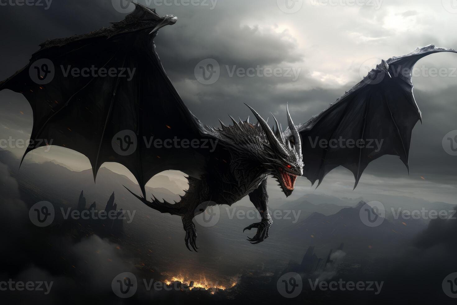 Powerful Flying black dragon. Generate Ai photo