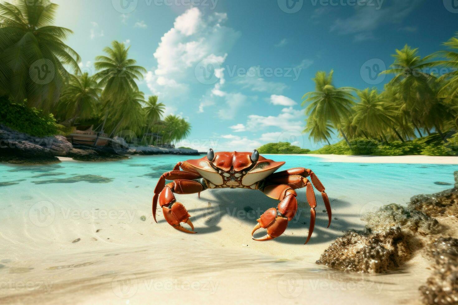 Hard-shelled Crab on tropical beach. Generate Ai photo