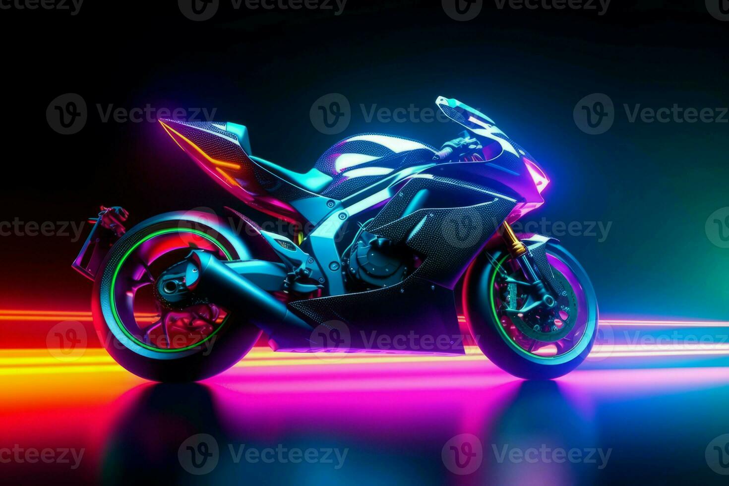 Futuristic neon sport bike stage. Generate Ai photo