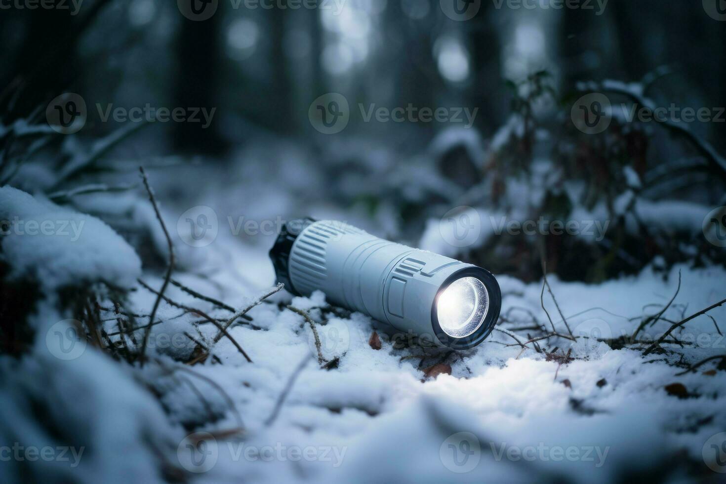 Flashlight equipment on snow forest. Generate Ai photo