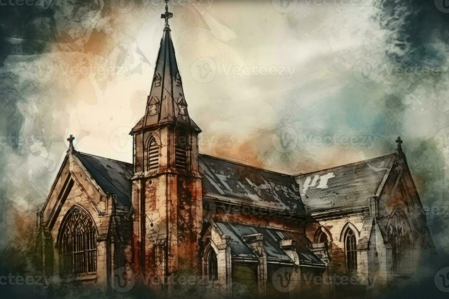 Church gothic watercolor building. Generate Ai photo