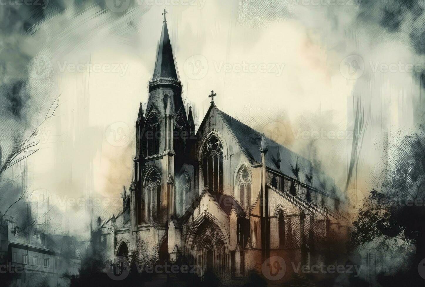 Church gothic watercolor. Generate Ai photo