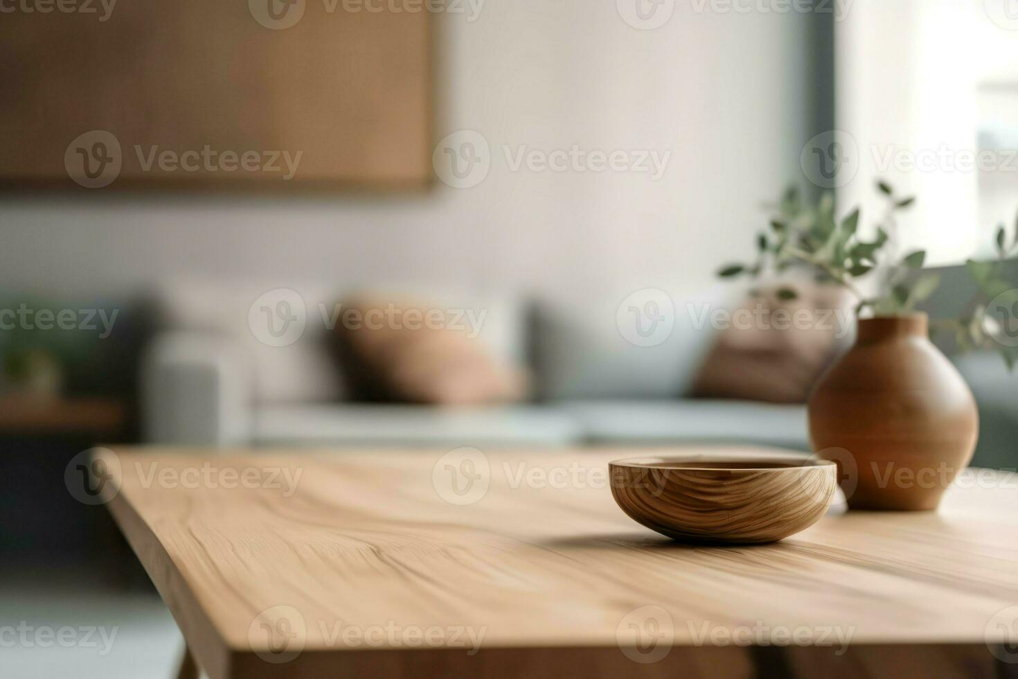 Wooden table living room cozy interior. Generate Ai photo