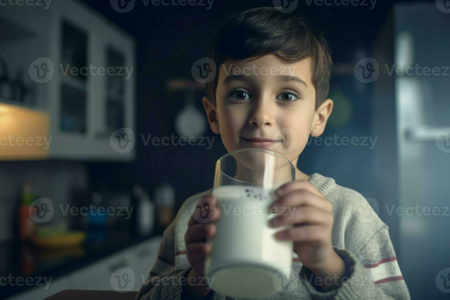 Boy drink milk glass. Generate Ai photo