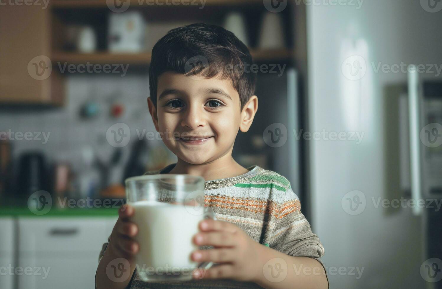 Boy drink milk glass smiling. Generate Ai photo
