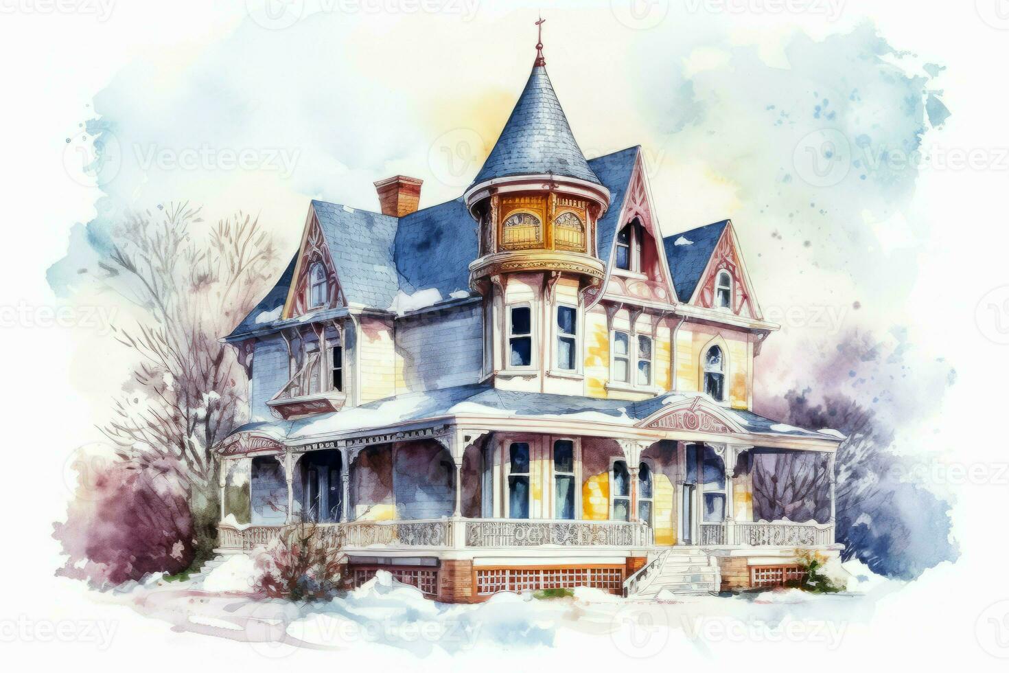 Watercolor victorian house. Generate Ai photo