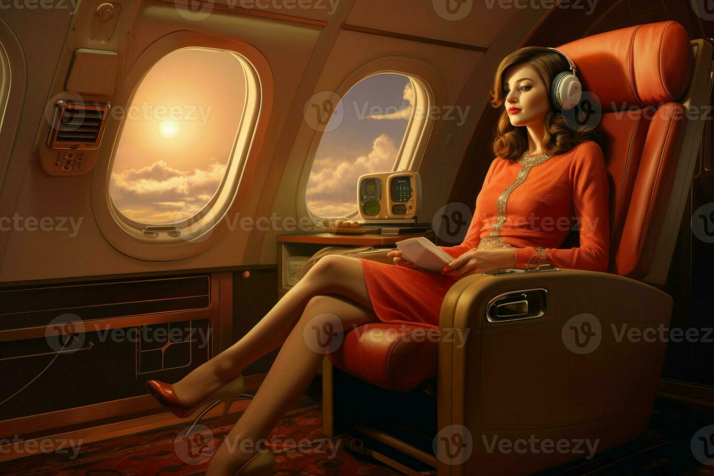 Spacious First class airplane sit jet. Generate Ai photo