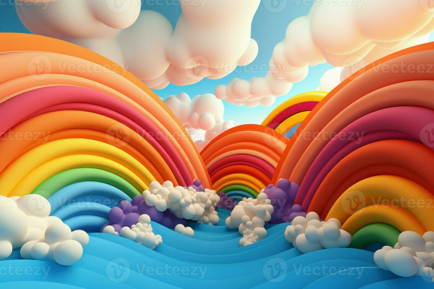 Playful rainbow with clouds balls. Generate Ai photo