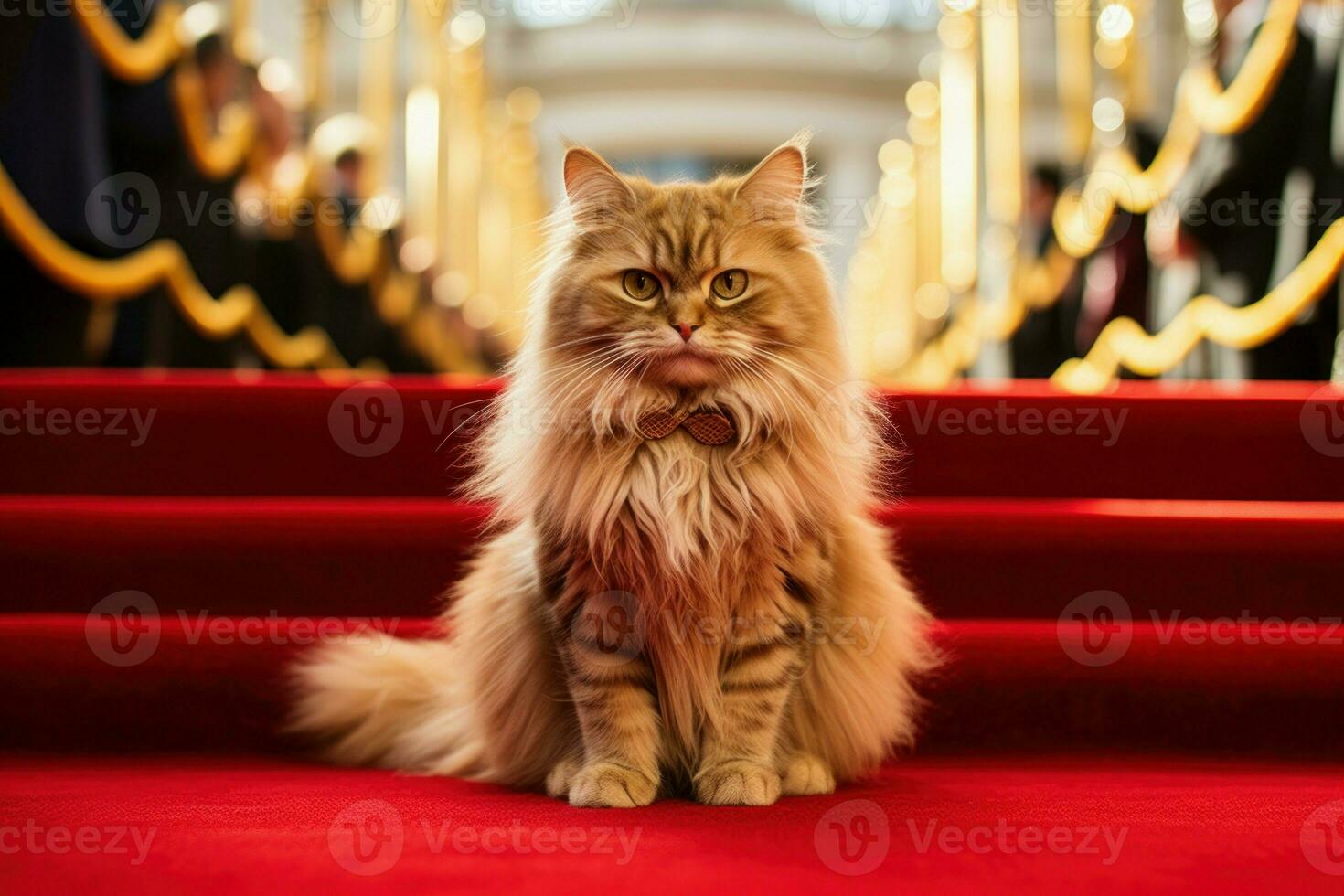 Glamorous Red carpet for famous cat. Generate Ai photo
